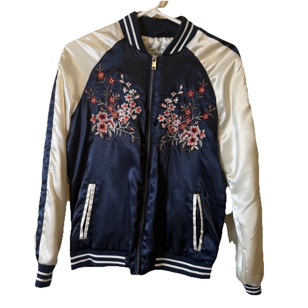 Charlotte Russe Varsity Jacket Womans Small Satin Floral Embroidery Blossom Art